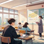 Illustration of a student and a TA discussing physics concepts in front of a blackboard filled with...