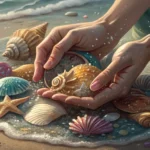 Close-up illustration of hands collecting various colorful seashells on the wet sand of a Korean bea...