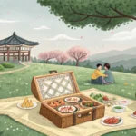 Illustration of a picnic setup in a Korean park with a basket and food, highlighting an empty space...