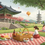 Colorful picnic blanket with various sandwich ingredients like tuna, ham, cheese, and bread laid out...