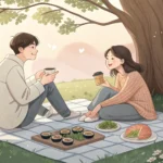 Illustration of a young Korean couple having an outdoor breakfast picnic with bicycles nearby, symbo...