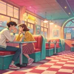 Illustration of a young Korean couple planning a day trip over breakfast at a diner, looking happily...