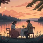 East Asian couple having dinner by a lake at sunset with kayaks nearby, illustrating planning a trip...
