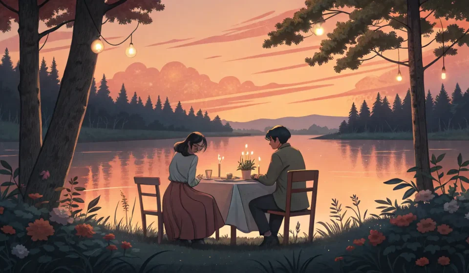 East Asian couple having dinner by a lake at sunset with kayaks nearby, illustrating planning a trip...