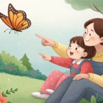 Illustration showing a Korean parent and child happily pointing at a colorful calendar together, rep...