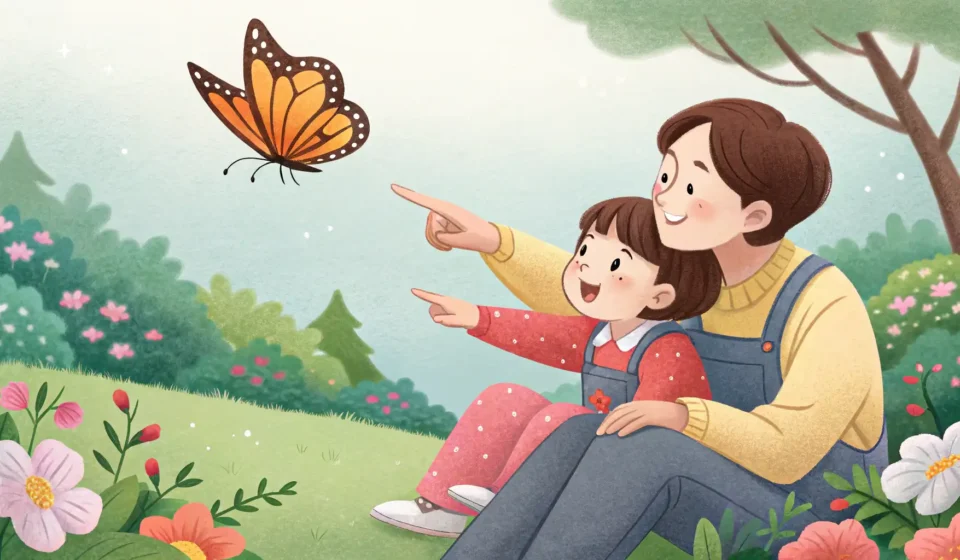 Illustration showing a Korean parent and child happily pointing at a colorful calendar together, rep...
