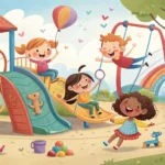Illustration of happy children playing together in a Korean playground, representing learning how to...