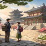 Illustration of a tourist and guide in a historic Korean plaza, discussing its past as a marketplace...