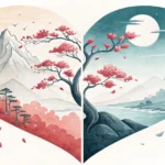 A symbolic heart split in two against a misty Korean mountain backdrop: one half resembles a Korean...
