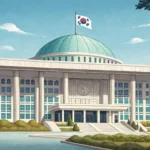 Illustration of the South Korean National Assembly building, symbolizing Korean politics and governm...