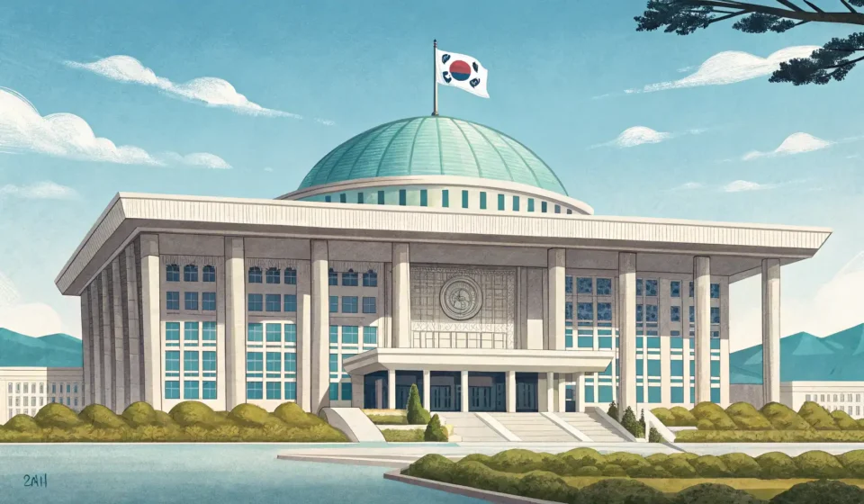Illustration of the South Korean National Assembly building, symbolizing Korean politics and governm...