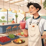 A Korean barista recommending a colourful smoothie to a customer in workout clothes at a cafe counte...