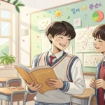 Illustration depicting two Korean students in a classroom, one showing a poster design to a peer for...