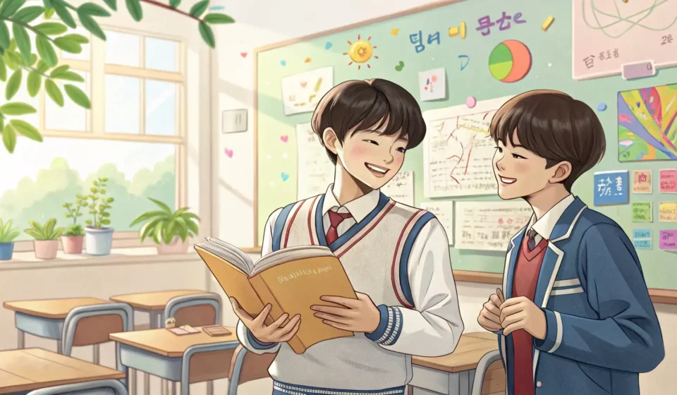 Illustration depicting two Korean students in a classroom, one showing a poster design to a peer for...