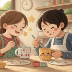 Two friends happily painting ceramic mugs together at a table in a cozy Korean cafe, illustrating a...