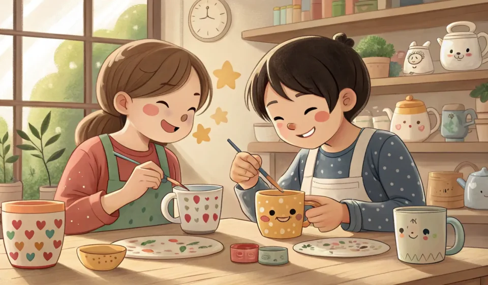 Two friends happily painting ceramic mugs together at a table in a cozy Korean cafe, illustrating a...