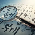 Magnifying glass examining abstract Korean calligraphy characters, symbolizing the study of speciali...