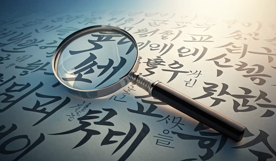 Magnifying glass examining abstract Korean calligraphy characters, symbolizing the study of speciali...