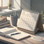 Illustration of a professor's desk with research papers and a calendar marked with a deadline, symbo...