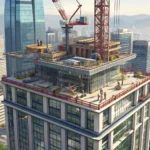 Modern Korean building under construction, symbolizing progress payments (gi-seong-geum) in finance...
