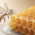 Stylized image of a golden honeycomb and a bee, representing propolis and health supplements in a Ko...