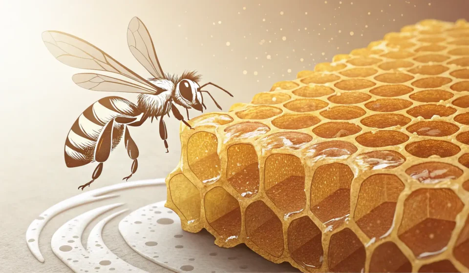 Stylized image of a golden honeycomb and a bee, representing propolis and health supplements in a Ko...
