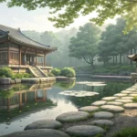 Serene Korean temple garden reflected in a pond with subtle ripples disturbing the water's surface,...