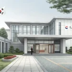 Illustration of the entrance to a modern Korean public office building, representing learning proced...