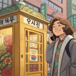 Illustration of a person looking confused next to a Korean public phone booth, symbolizing how to as...