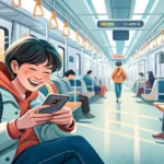 Illustration showing a person connecting to Wi-Fi on their smartphone while riding the subway in Kor...
