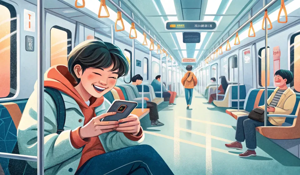 Illustration showing a person connecting to Wi-Fi on their smartphone while riding the subway in Kor...