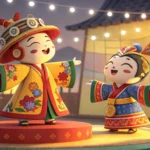 Illustration of traditional Korean puppets performing on a small stage, symbolizing the Korean learn...