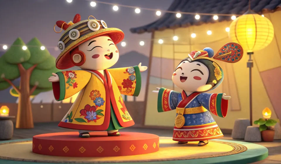 Illustration of traditional Korean puppets performing on a small stage, symbolizing the Korean learn...