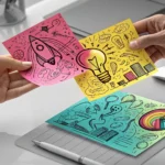 Two colleagues exchanging sticky notes with abstract idea sketches in a modern Korean office setting...