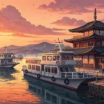 Illustration of a peaceful Korean ferry terminal at sunset viewed from a quiet spot, symbolizing ask...