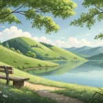An open book rests on a wooden bench beside a calm, picturesque Korean lake, symbolizing finding a q...