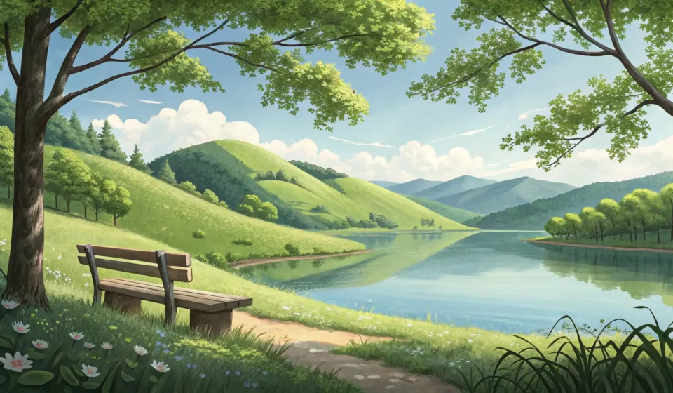 An open book rests on a wooden bench beside a calm, picturesque Korean lake, symbolizing finding a q...