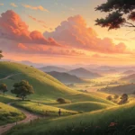 A tranquil Korean landscape bathed in the warm colors of a sunset glow, representing finding a quiet...