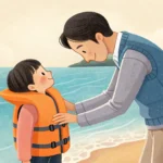 Korean parent assisting a child with wearing a life vest by a river, preparing for a rafting trip, i...