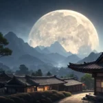A large moon rising over silhouetted Korean mountains and a traditional temple roof at twilight, rep...
