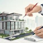 Illustration symbolizing negotiation of Korean real estate fees, showing hands exchanging Korean Won...