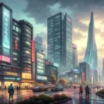 A digital illustration depicting a modern Korean urban landscape with various types of residential b...