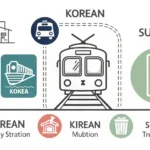 Illustration symbolizing Korean real estate near a station (yeoksegwon budongsan), showing a station...