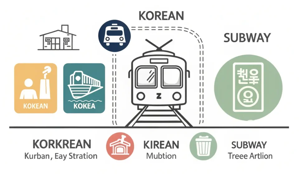 Illustration symbolizing Korean real estate near a station (yeoksegwon budongsan), showing a station...