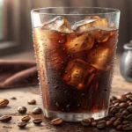 Illustration of a refreshing glass of iced cold brew coffee with condensation on a counter in a brig...