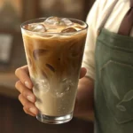 A barista's hand presents a refreshing iced latte on a sunny counter in a Korean cafe, symbolizing a...