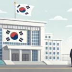 Illustration of a Korean government office building next to a traditional Korean stamp and document,...