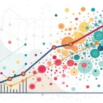 Stylized graph with data points and a regression line over a blurred silhouette of a modern Korean c...