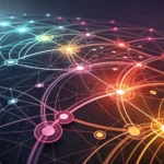 Abstract network diagram symbolizing the concept of related parties (특수관계인) in a Korean business con...