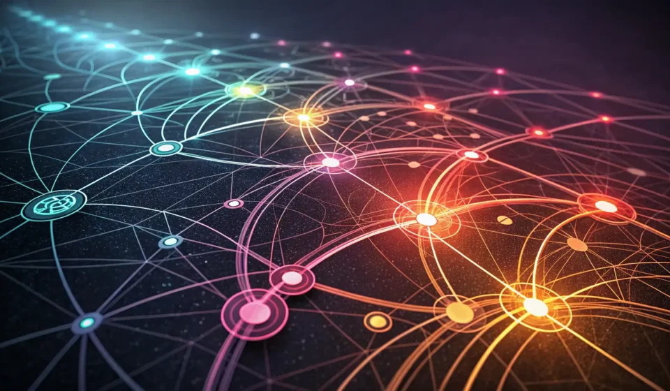 Abstract network diagram symbolizing the concept of related parties (특수관계인) in a Korean business con...